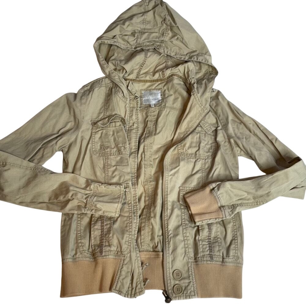 Tildon Womens Khaki Cotton Utility Bomber Jacket Hooded Cargo Pockets Tan Large